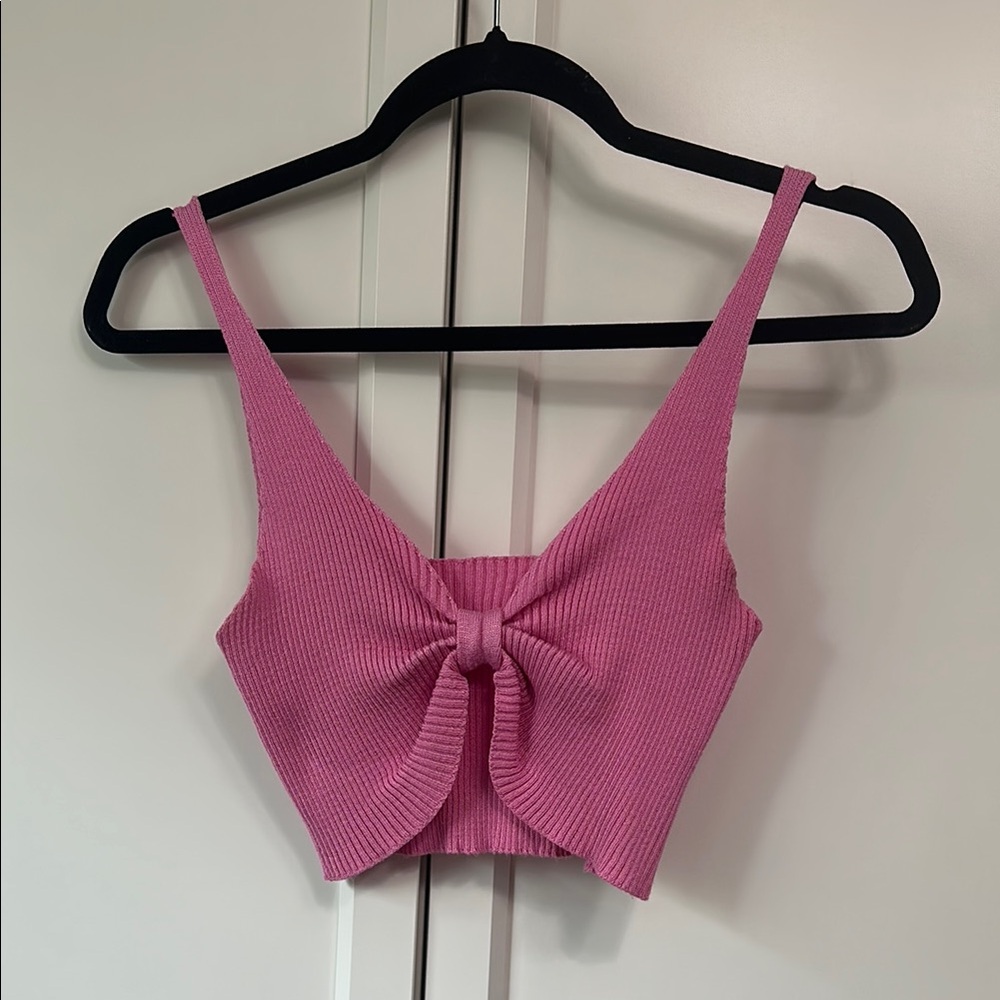 Pink Ribbed Bow Crop Top